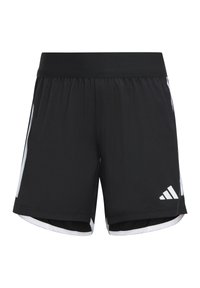 Schwarze Sportshorts mit elastischem Bund, weißen Seitenakzenten und einem weißen Logo. Hergestellt aus leichtem, atmungsaktivem Material.