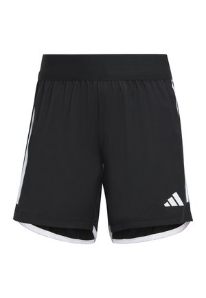 Black athletic shorts with an elastic waistband, white side accents, and a white logo. Made of lightweight, breathable fabric.