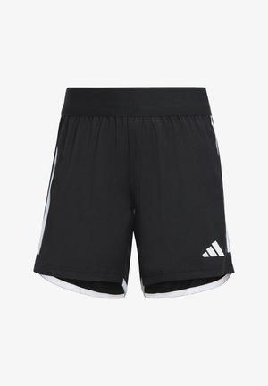 Pantaloni corti sportivi neri con vita elastica, dettagli bianchi ai lati e logo bianco. Realizzati in un tessuto leggero e traspirante.