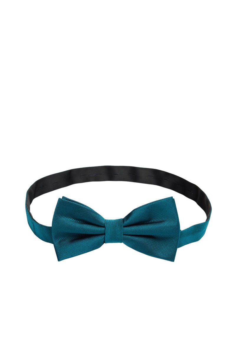 Tealfärgad satinfluga med en texturerad yta, monterad på ett smalt svart satinband. Flugan har en central knutdetalj.
