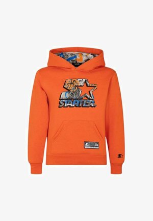 Felpa arancione con cappuccio, dotata di un grande logo grafico in blu e grigio. Include una tasca frontale e un'etichetta nella parte inferiore.