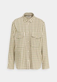 Grön och beige rutigt skjorta gjord av lättviktsmaterial, med långa ärmar, knäppning framtill och två framfickor.