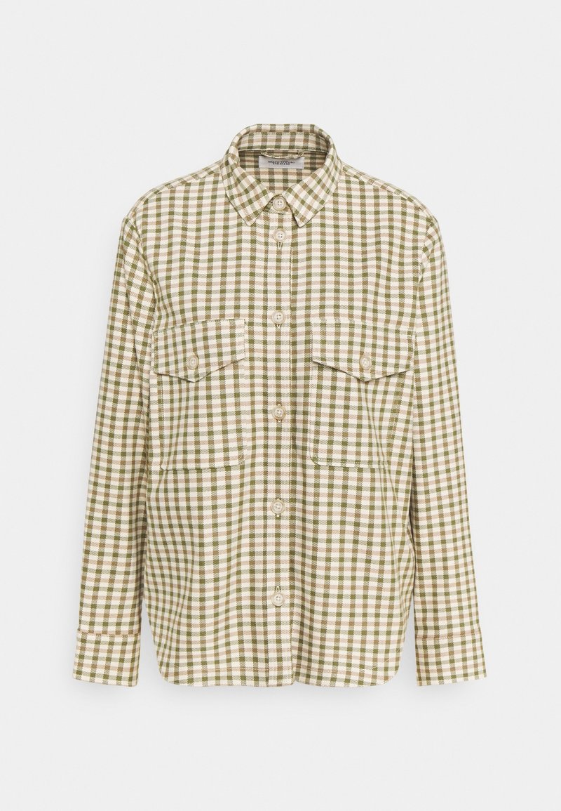 Grön och beige rutigt skjorta gjord av lättviktsmaterial, med långa ärmar, knäppning framtill och två framfickor.