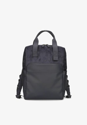 Black backpack with corduroy upper section, smooth lower front pocket, dual handles, and adjustable shoulder straps.