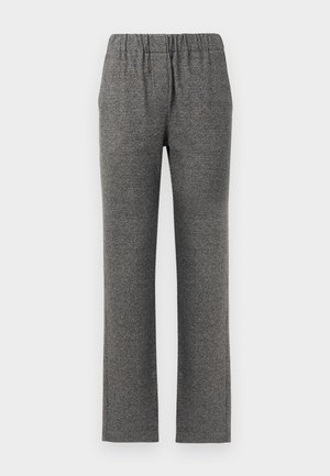 Pantalons gris texturés avec une taille élastique et une coupe droite. Présente un motif subtil pour un intérêt visuel supplémentaire.