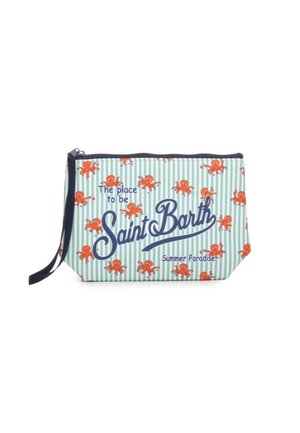 Piccola pochette con cerniera con righe turchesi e bianche, motivo polpo arancione e testo "The place to be Saint Barth Summer Paradise."
