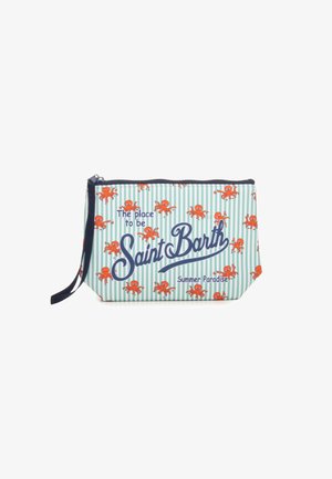 Piccola pochette con cerniera con righe turchesi e bianche, motivo polpo arancione e testo "The place to be Saint Barth Summer Paradise."