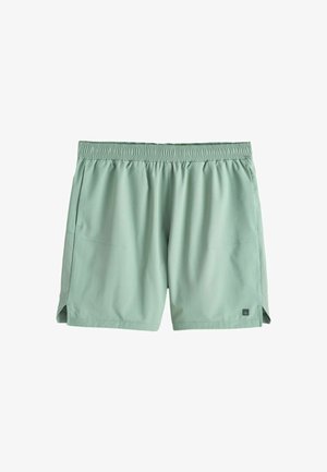 Lysegrønne herre sportsshorts med elastisk linning og små sideslids, lagt fladt på en hvid baggrund.