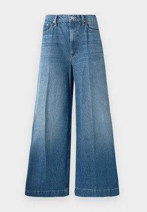 High-waisted, wide-leg blue denim jeans with front button, zip closure, and subtle faded wash details on legs.