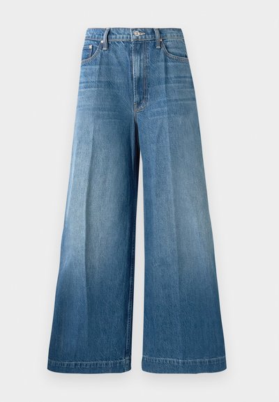 Jeans en denim bleu taille haute et à jambe large avec un bouton à l'avant, une fermeture éclair et des détails de décoloration subtile sur les jambes.