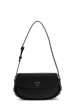 Zwarte leren schoudertas met verstelbare riem en zilverkleurige Guess-logo driehoek op de voorflap sluiting.