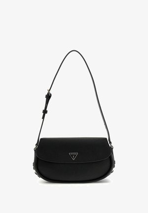 Black leather shoulder bag with adjustable strap and silver Guess logo triangle on front flap closure.