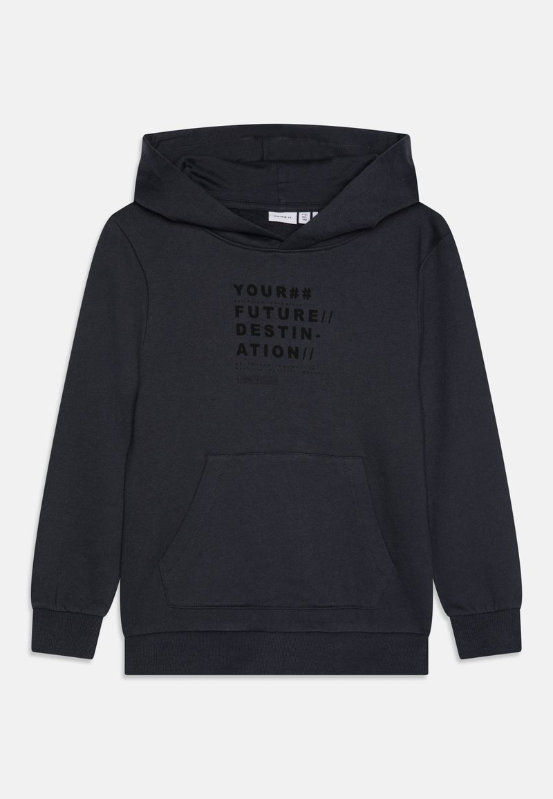 Sweat à capuche noir avec poche avant et texte discret indiquant « YOUR## FUTURE DESTINATION » sur la poitrine.