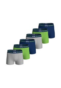 Zestaw sześciu par bokserów w kolorach szarym, zielonym, granatowym i niebieskim. Elastyczne paski w talii z napisem "SEAHAWKS". Gładki, dopasowany krój.