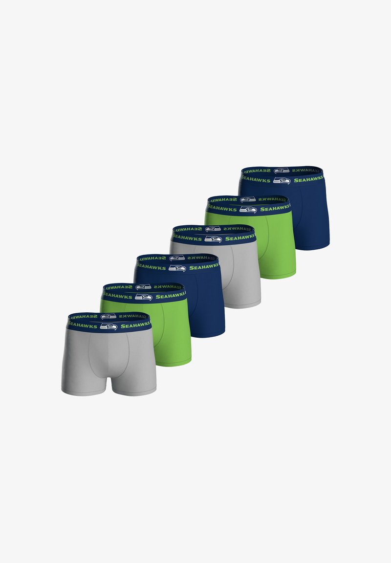 Zestaw sześciu par bokserów w kolorach szarym, zielonym, granatowym i niebieskim. Elastyczne paski w talii z napisem "SEAHAWKS". Gładki, dopasowany krój.