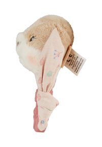 Plush rabbit head toy with a beige fur texture, pink patterned scarf, and rubber base for grip. Tag attached on the back.