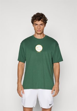 Green cotton t-shirt with a round neckline, short sleeves, featuring a yellow and white Nike logo graphic at the center.
