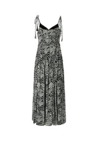 Vestido midi sin mangas con estampado en blanco y negro, tirantes tipo espagueti y corpiño ajustado con falda fluida.