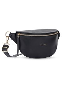 Schwarze Lederbauchtasche mit einem Reißverschluss oben, runder Form, goldenen Hardware-Akzenten und einem abnehmbaren Tragegurt. Markenname in Gold eingeprägt.