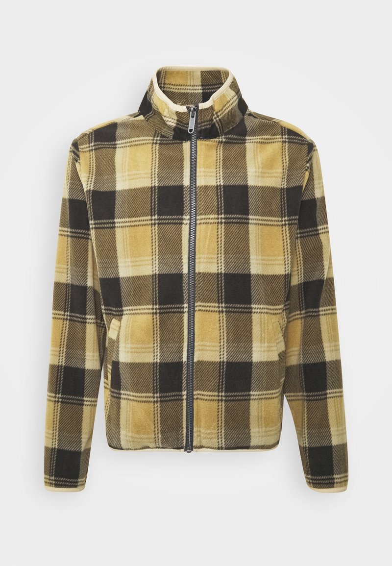 Fleecejacka med ett gult och svart rutmönster, dragkedjestängning, hög krage och sidofickor. Mjuk textur och avslappnad passform.
