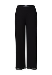 Pantalon noir à jambes larges avec une taille haute élastique et une bordure en dentelle à l'ourlet raccourci.