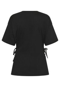 Black t-shirt with short sleeves and a loose fit. Features cinched side ties for adjustable fit. Smooth texture and simple design.