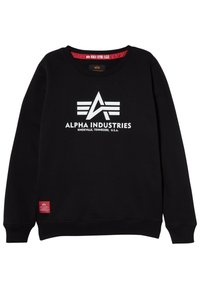 Sudadera negra de algodón, con un logo blanco "ALPHA INDUSTRIES" y etiqueta interior del cuello en rojo. Incluye una pequeña etiqueta roja en el dobladillo.