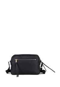 Borsa a tracolla nera realizzata in materiale testurizzato, con una tasca frontale con cerniera, tracolla regolabile e dettagli in metallo dorato.