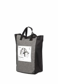 Grand sac fourre-tout rectangulaire noir et gris à côtés souples, avec poignées noires et une étiquette à diagramme montrant un modèle de sac polochon sur le devant.