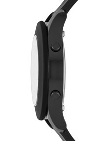 Svart digital klocka med en slät rund boett, två sidoknappar och ett matt svart armband. Urtavlan är enkel, omärkt och reflekterande.