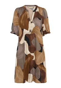 Short-sleeved dress featuring a mix of large, abstract shapes in brown, cream, and grey tones. Soft fabric with a relaxed fit and gathered accents.