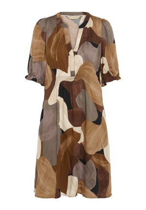 Īsām piedurknēm apģērbs ar lielu abstraktu formu maisījumu brūnos, krēmveidīgajos un pelēkos toņos. Mīksta auduma ar brīvu piegriezumu un savāktām akcentiem.