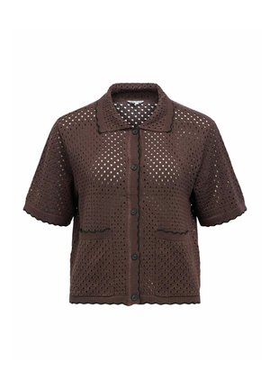 Brown short-sleeve knit cardigan with button front, small collar, scalloped edges, two front pockets, and openwork pattern throughout.