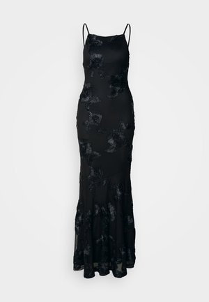 Black evening dress with floral embroidery, fitted bodice, spaghetti straps, and a flared hem. Made from smooth, lightweight fabric.