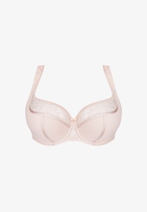 Világos rózsaszín melltartó csipke részletekkel, formázott kosarakkal, állítható pántokkal és dekoratív masnival a közepén. Sima anyag és strukturált kialakítás.