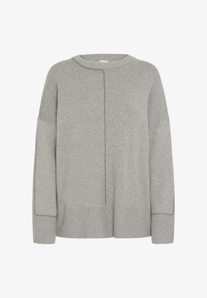 Gaiši pelēks adīts džemperis ar apaļu kaklu, garām piedurknēm, ribotām aprocēm, apakšmalu un centrālo vertikālo šuvju detaļu.