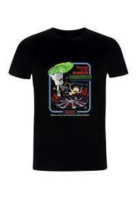 Czarny bawełniany t-shirt z kolorową grafiką dwóch postaci z zielonym i niebieskim portalem, napisem "Portal do wymiaru Blender" oraz ostrzeżeniem.