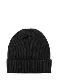 Berretto in maglia nera con una struttura a coste, caratterizzato da un risvolto e una leggera arricciatura nella parte superiore. Design classico e versatile.