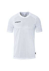 Witte sporttrui met een textuurpatroon, korte mouwen, ronde hals en zwart "uhlsport" logo op de borst. Lichtgewicht, ademende stof.