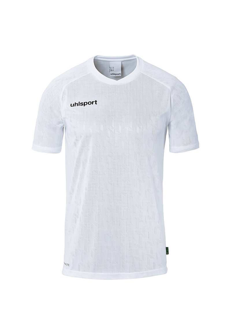 Witte sporttrui met een textuurpatroon, korte mouwen, ronde hals en zwart "uhlsport" logo op de borst. Lichtgewicht, ademende stof.