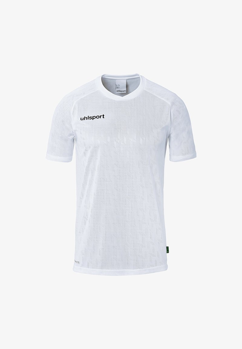 Witte sporttrui met een textuurpatroon, korte mouwen, ronde hals en zwart "uhlsport" logo op de borst. Lichtgewicht, ademende stof.