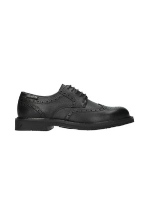 Chaussure homme brogue en cuir noir avec design à bout ailé, détails perforés et fermeture à lacets, vue latérale sur fond blanc.
