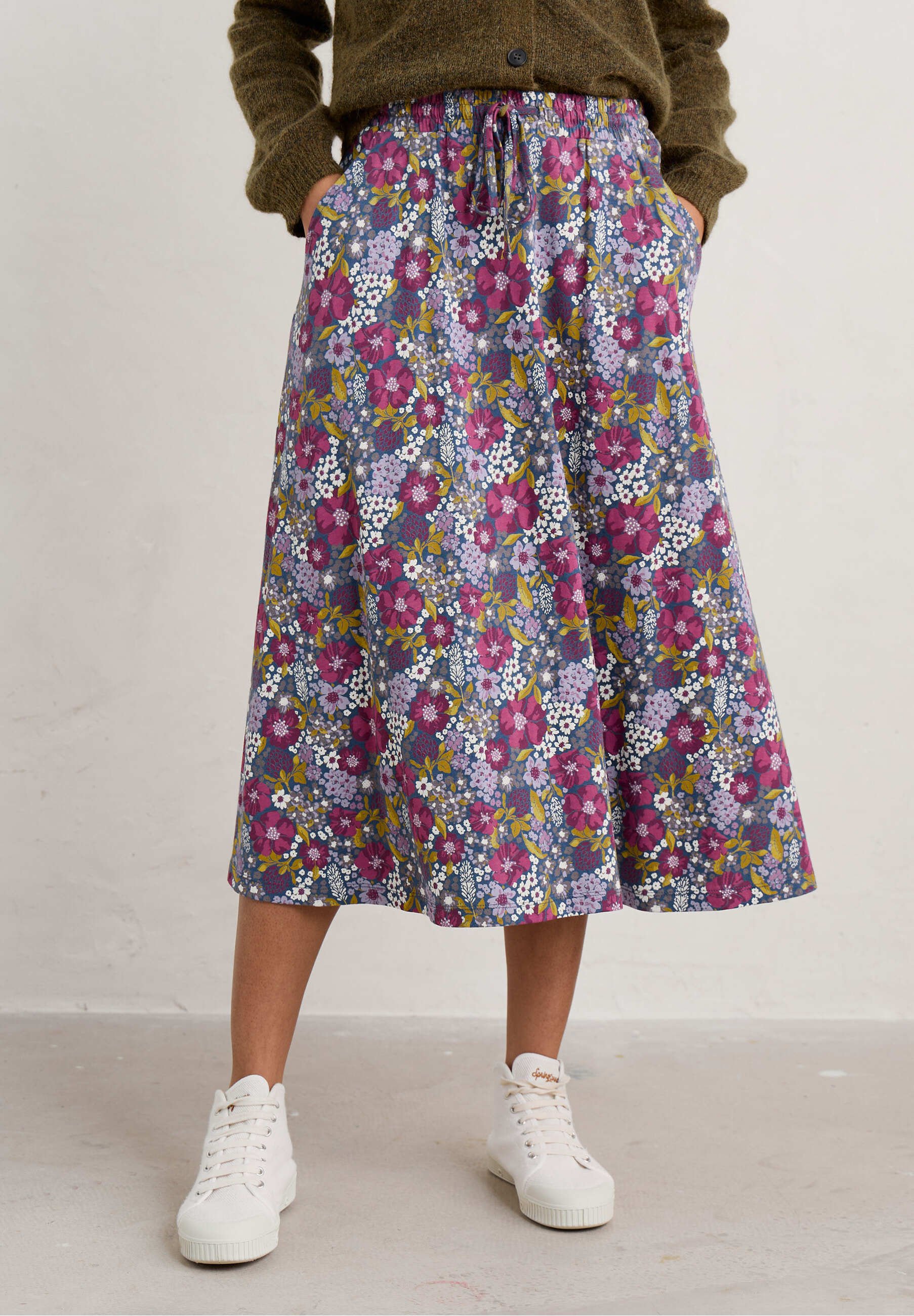 Jupe Courte Seasalt Coton Bio Rouge à Fleurs, Longueur Genou, Femme (neuf Avec Défaut)