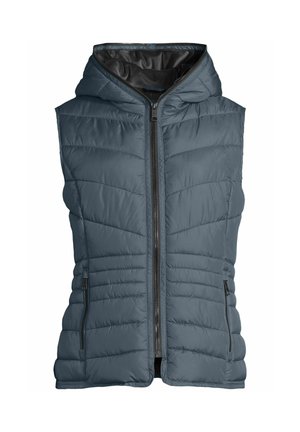 Mouwloos donkergrijs gewatteerd vest met capuchon, voorrits en twee ritszakken aan de zijkant, ontworpen voor warmte en casual draagcomfort.