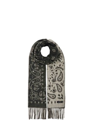 Long scarf with fringes, half dark gray and half light gray, decorated with paisley and floral patterns.