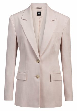 Blazer rosa chiaro realizzato in tessuto testurizzato, con revers a punta, due tasche frontali e due bottoni sulla parte anteriore per la chiusura.