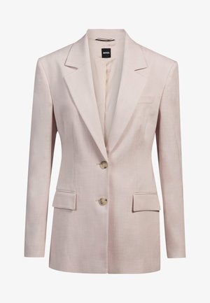 Light pink blazer made of textured fabric, featuring a notched lapel, two front pockets, and two buttons on the front for closure.