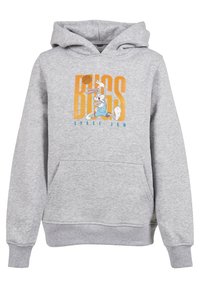 Šedá mikina vyrobená z bavlněné směsi, s přední kapsou ve stylu klokan a grafikou Bugs Bunnyho se textem "SPACE JAM" v oranžové a modré barvě.