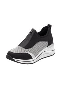 Black and gray sneakers with a zip closure, mesh upper, smooth accents, and a white layered sole with black trim. Textured fabric elements included.