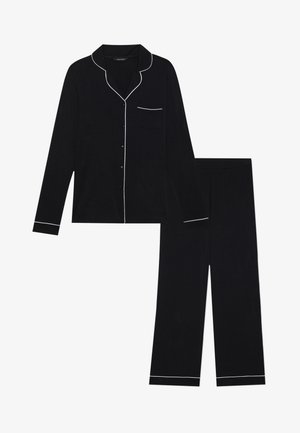 Black pajama set featuring long-sleeve button-up top with a chest pocket, white piping accents, and matching loose-fit pants. Smooth fabric texture.